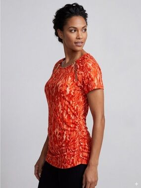 Michael Kors Women’s Orange & Peach Marbled Ruched Side Zipper Accent Top Size M